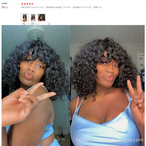 Brazilian Pineapple Wave Machine Made Human Hair Wigs With Bangs, Full Machine Made Rose Water Wave Curly Wig For Black Women
